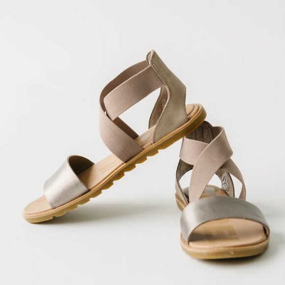 Sorel Ella Elastic Sandal - Ash Brown (Metallic) - Womens 8.5 - Picture 1 of 6